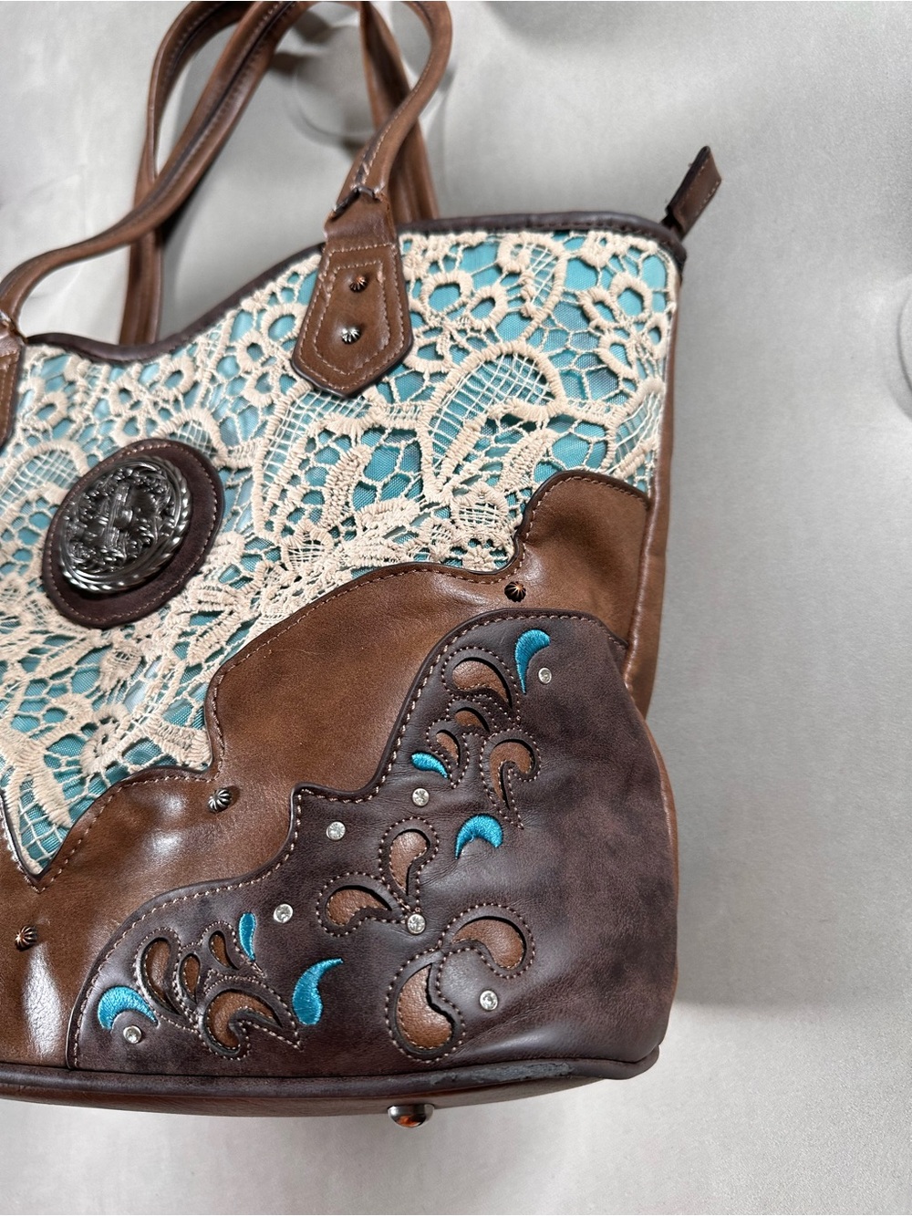 Justin Boots Western Brown Shoulder Handbag Retro Lace Cottagecore Boho Hippie - Picture 3 of 16